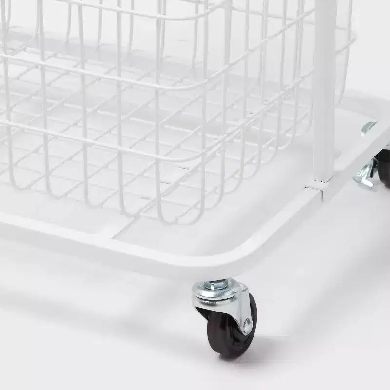 Chariot panier en bois et fil de fer - Blanc