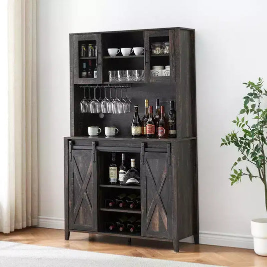 Bar à café de style rustique de 70 po de haut, meuble bar à vin avec portes coulissantes de style grange, étagères de rangement, casier à vin et vaisselier pour cuisine ou salle à manger