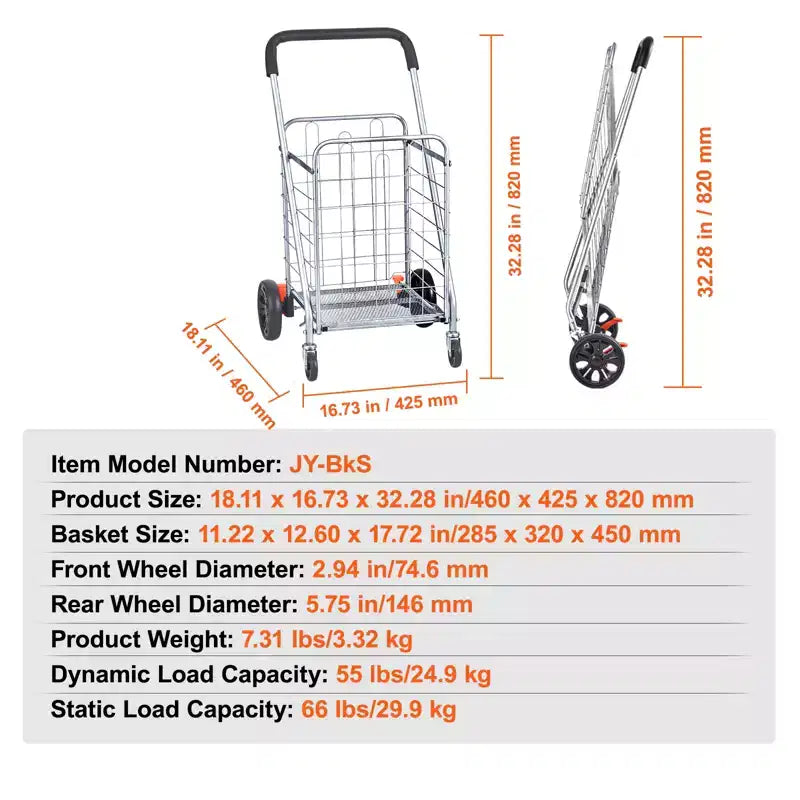 Chariot de courses pliable, capacité de charge maximale de 30 kg, chariot utilitaire d'épicerie avec roues pivotantes, panier à linge pliable robuste, argent