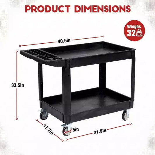 Chariot de service roulant à 2 niveaux avec roues, 101,6 x 43,2 cm, Chariot utilitaire en plastique de 250 kg, Établis pour garage, entrepôt, atelier