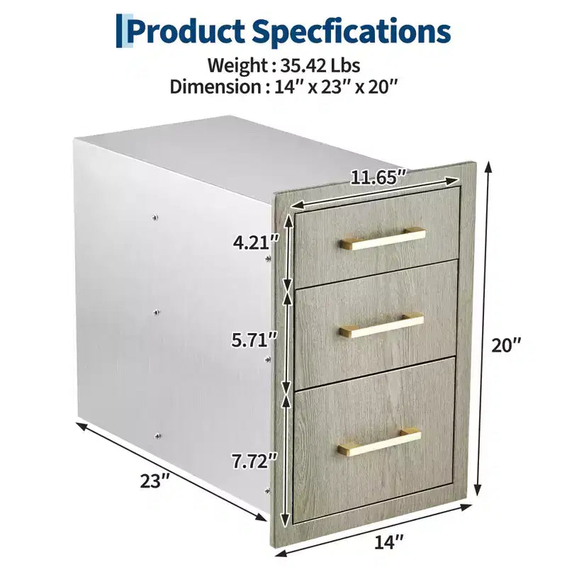 Tiroirs triples pour cuisine extérieure 15,6 L x 20,5 H x 23 P, en acier inoxydable avec porte d'accès latérale pour îlot de barbecue, station de grillades de patio