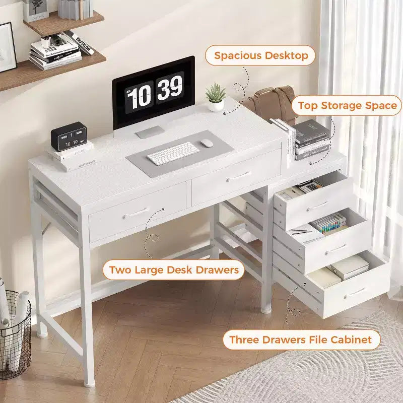 Bureau informatique de 51" avec 5 tiroirs et support d'imprimante, bureau d'écriture pour le bureau, la chambre et le salon