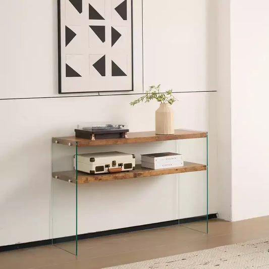 Console en MDF Noyer avec Plateau en Verre Trempé, Table d'Entrée Moderne pour Couloir et Salon