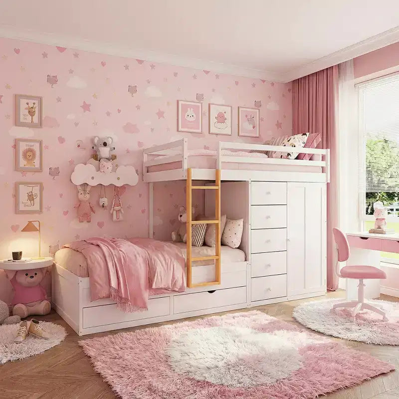 Lit superposé pleine grandeur avec 2 grands tiroirs et 5 petits tiroirs, construction en MDF et bois massif, design de rangement moderne avec petite armoire, blanc