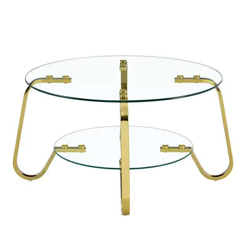 Table basse en verre trempé double couche avec cadre métallique de style rétro minimaliste, dimensions 80 x 80 x 45 cm