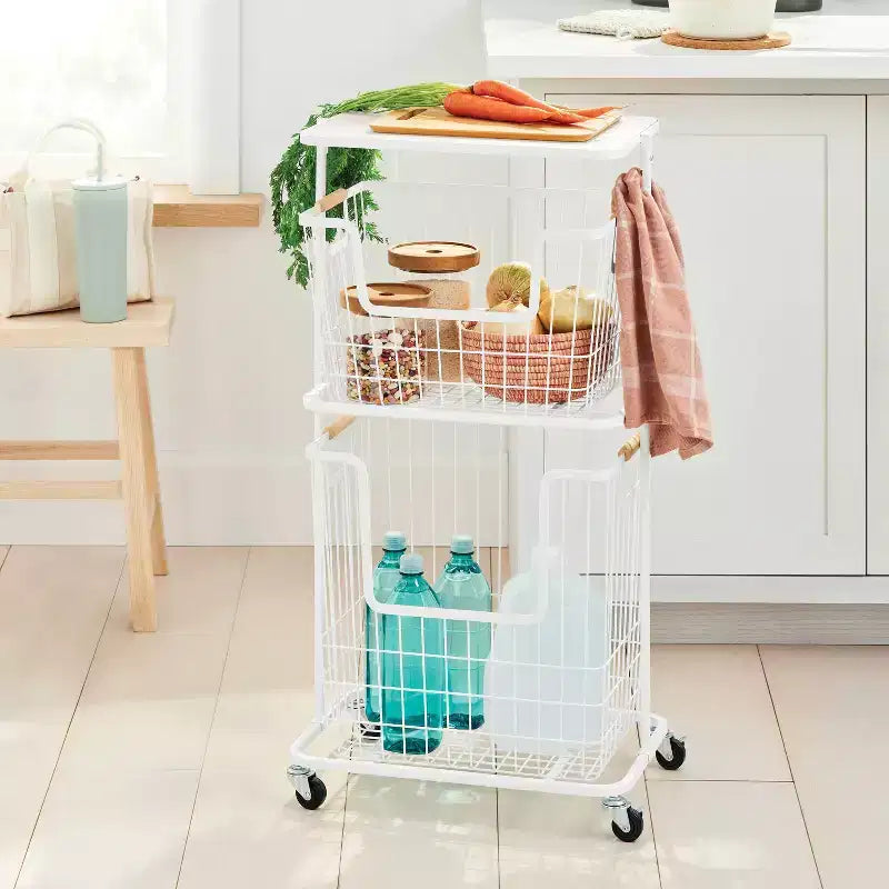 Chariot panier en bois et fil de fer - Blanc