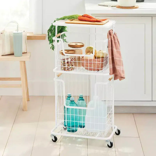 Chariot panier en bois et fil de fer - Blanc