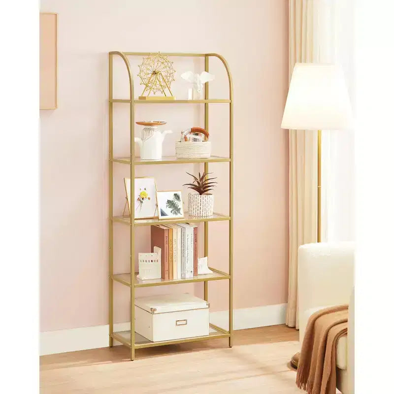 Étagère bibliothèque à 5 niveaux avec verre trempé, étagère de rangement élégante pour la maison et le bureau