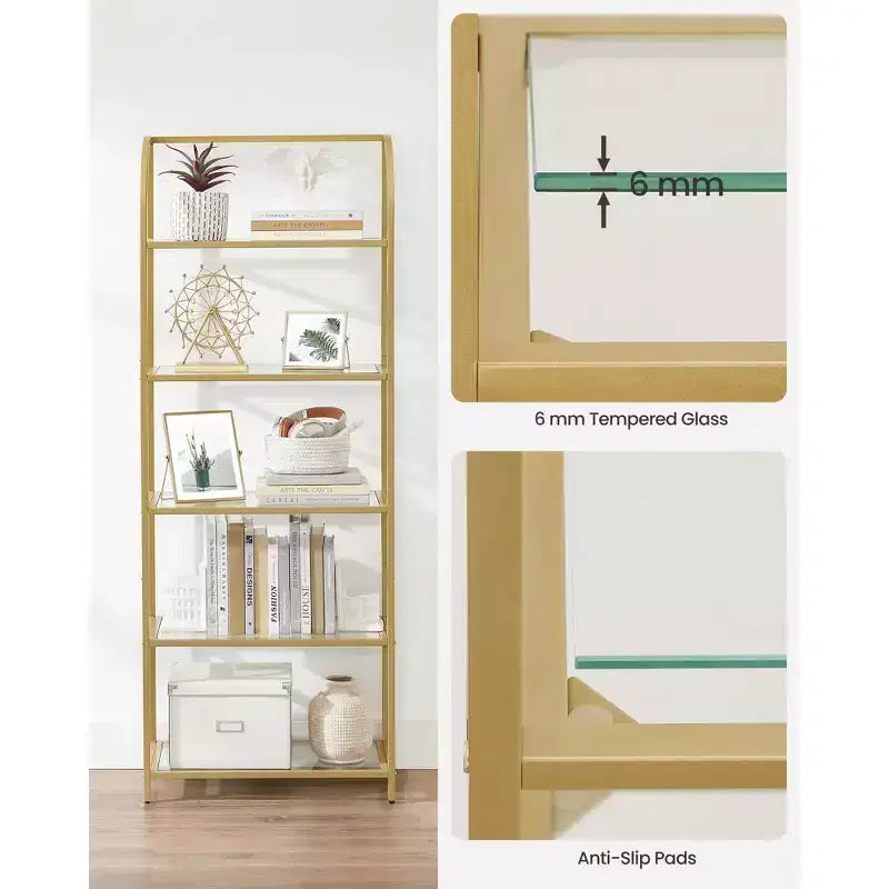 Étagère bibliothèque à 5 niveaux avec verre trempé, étagère de rangement élégante pour la maison et le bureau