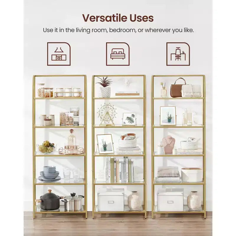 Étagère bibliothèque à 5 niveaux avec verre trempé, étagère de rangement élégante pour la maison et le bureau