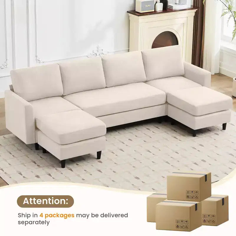 Canapé d'angle en U avec 2 poufs, grand canapé 6 places pour salon, bureau, espace spacieux
