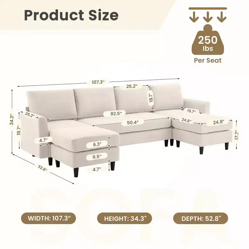 Canapé d'angle en U avec 2 poufs, grand canapé 6 places pour salon, bureau, espace spacieux