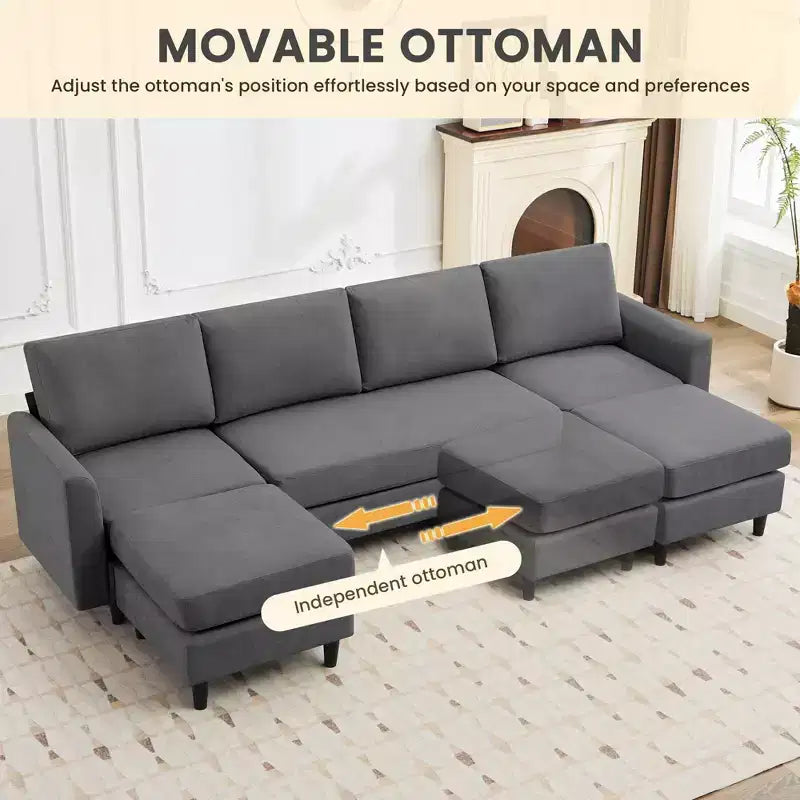 Canapé d'angle en U avec 2 poufs, grand canapé 6 places pour salon, bureau, espace spacieux