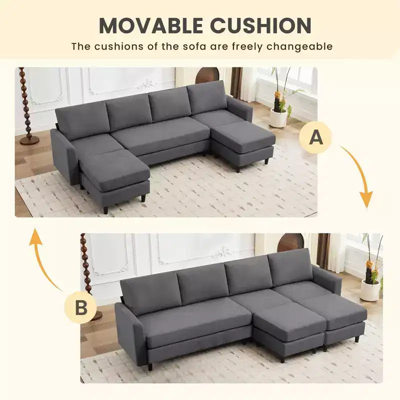 Canapé d'angle en U avec 2 poufs, grand canapé 6 places pour salon, bureau, espace spacieux