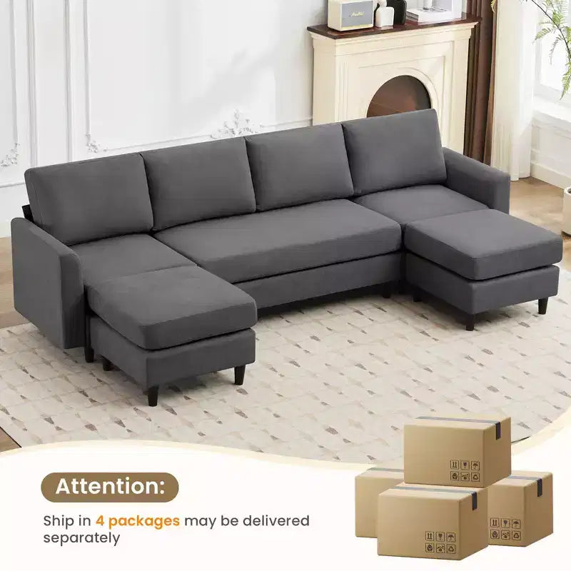 Canapé d'angle en U avec 2 poufs, grand canapé 6 places pour salon, bureau, espace spacieux