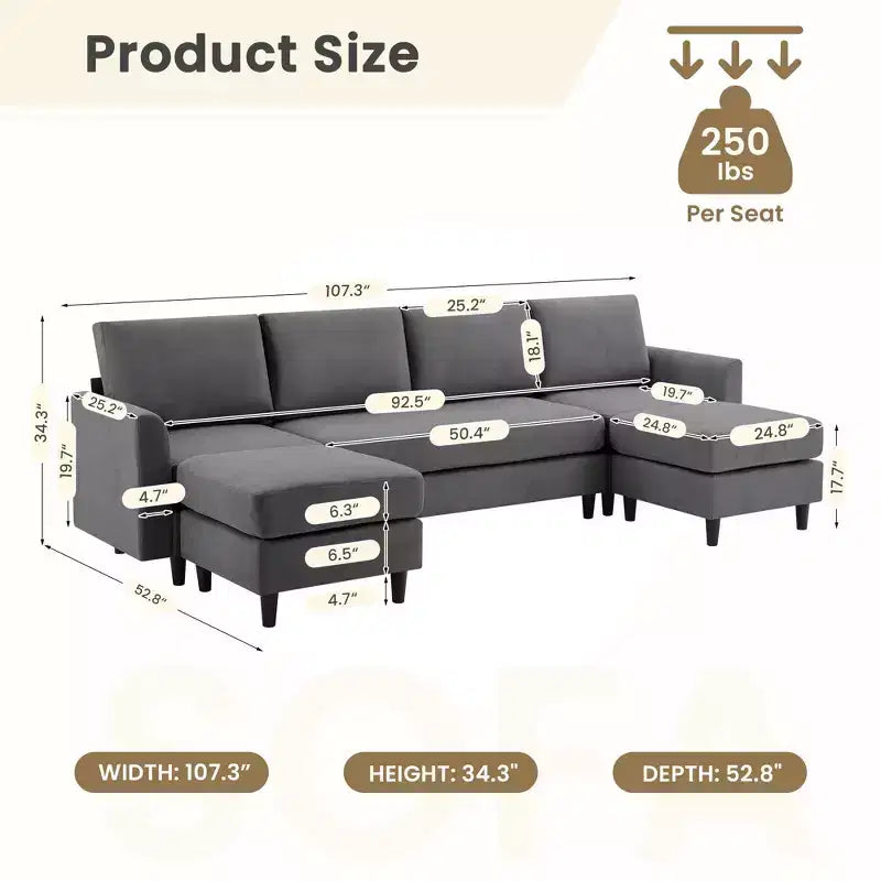 Canapé d'angle en U avec 2 poufs, grand canapé 6 places pour salon, bureau, espace spacieux