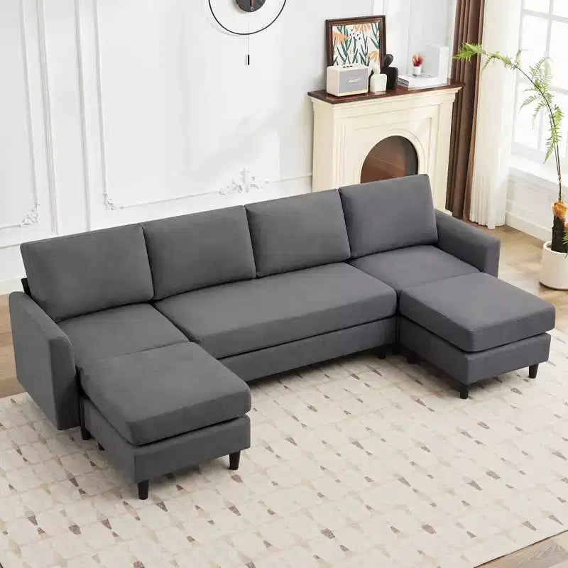 Canapé d'angle en U avec 2 poufs, grand canapé 6 places pour salon, bureau, espace spacieux