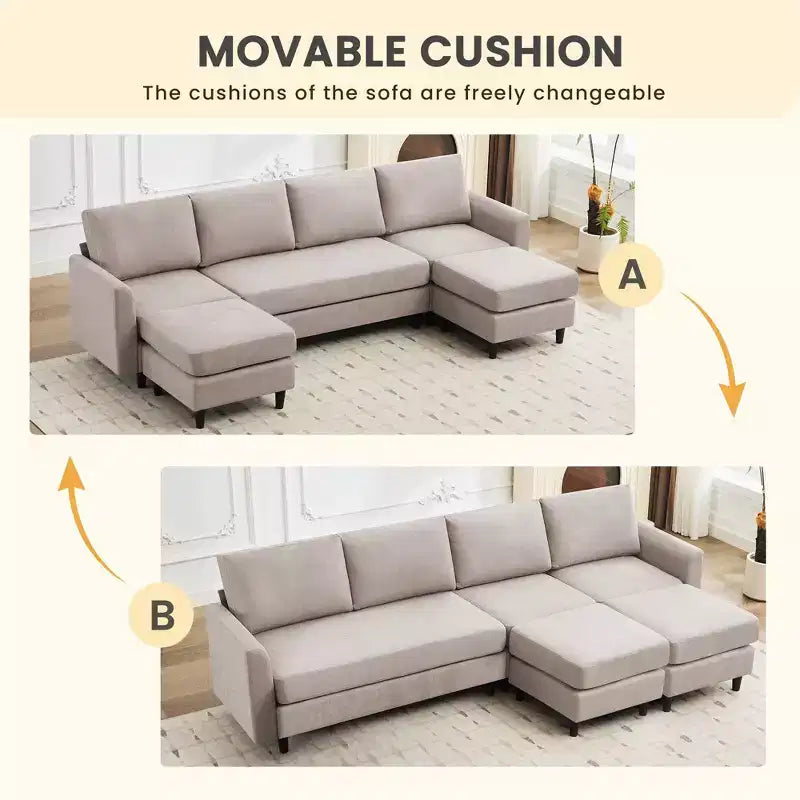 Canapé d'angle en U avec 2 poufs, grand canapé 6 places pour salon, bureau, espace spacieux