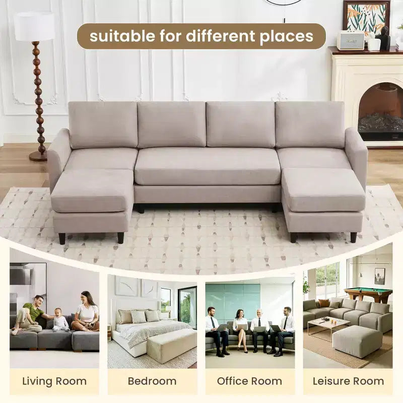 Canapé d'angle en U avec 2 poufs, grand canapé 6 places pour salon, bureau, espace spacieux
