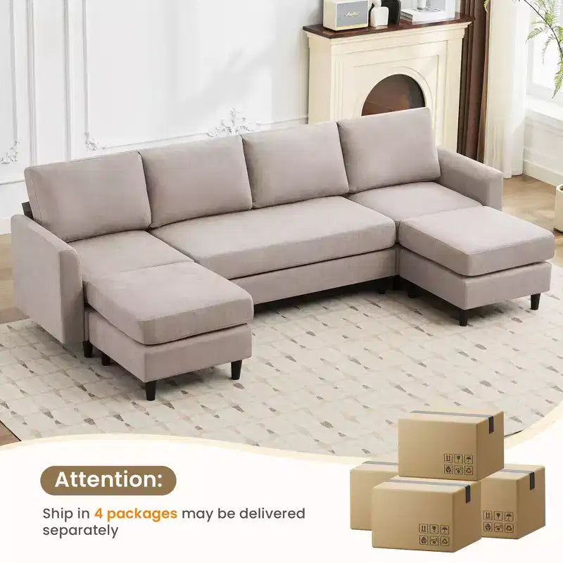 Canapé d'angle en U avec 2 poufs, grand canapé 6 places pour salon, bureau, espace spacieux