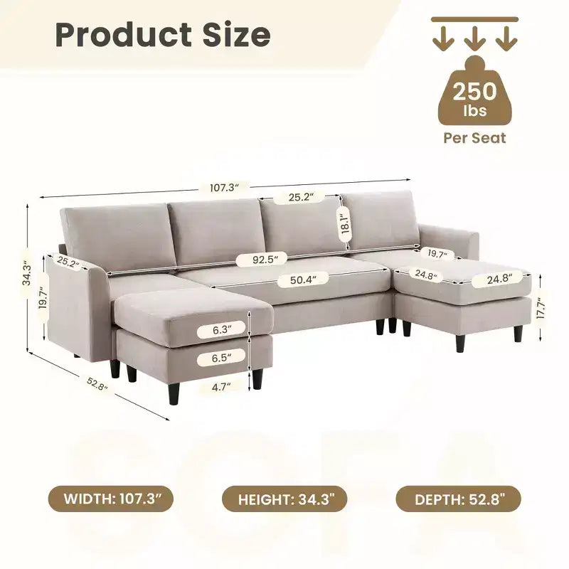 Canapé d'angle en U avec 2 poufs, grand canapé 6 places pour salon, bureau, espace spacieux