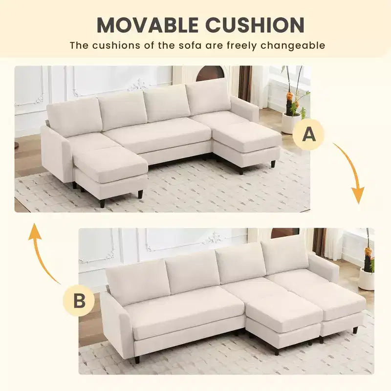 Canapé d'angle en U avec 2 poufs, grand canapé 6 places pour salon, bureau, espace spacieux
