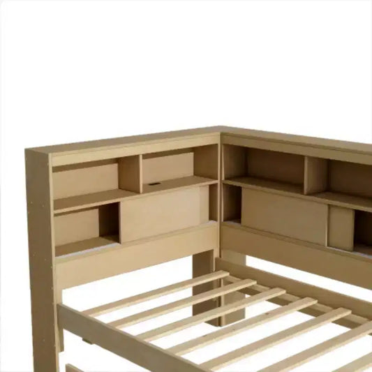 Lit de repos double en bois avec étagères de rangement, USB et lit gigogne, Naturel