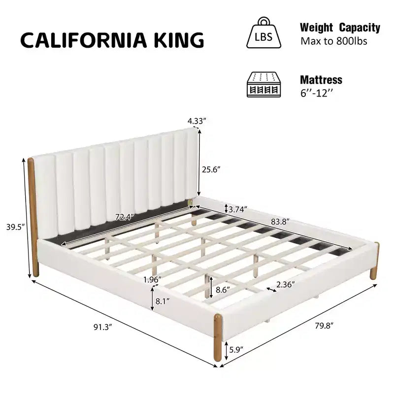 Lit plateforme Witt moderne en bois et tissu bouclé avec tête de lit à rayures verticales, blanc