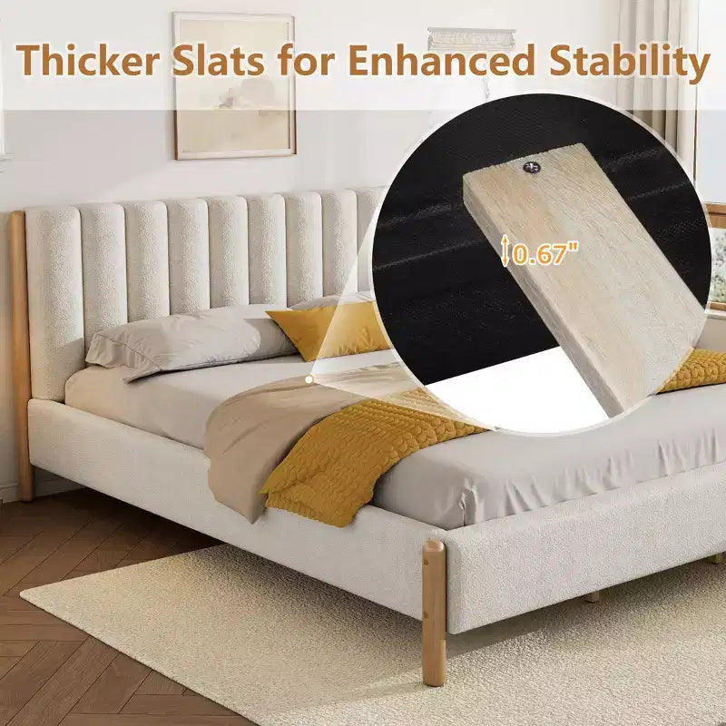 Lit plateforme Witt moderne en bois et tissu bouclé avec tête de lit à rayures verticales, blanc