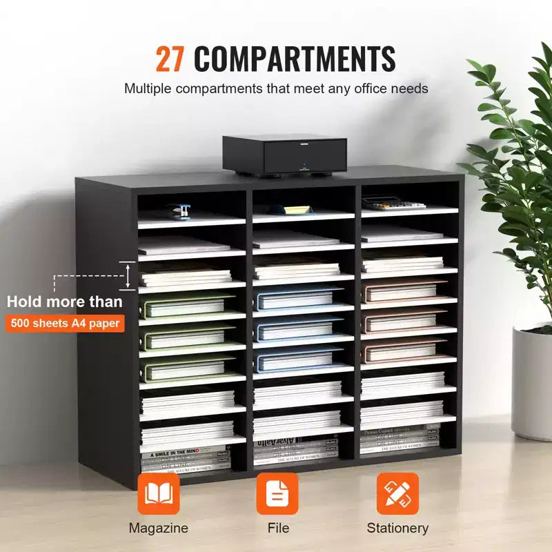 Organisateur de documents en bois à 27 compartiments, étagères réglables, centre de courrier en panneau de fibres à densité moyenne, rangement pour bureau, maison, école, noir et blanc