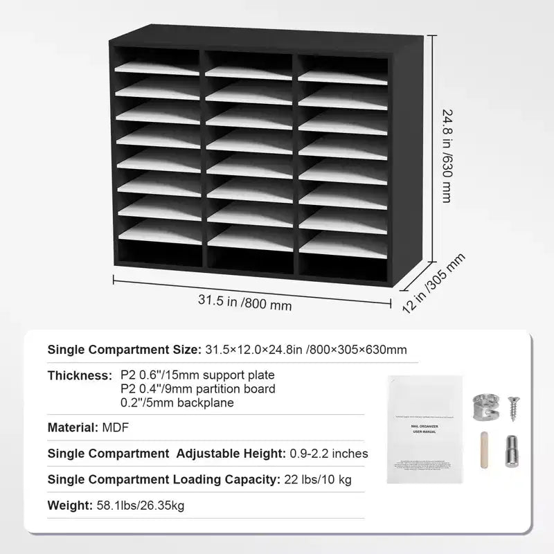 Organisateur de documents en bois à 27 compartiments, étagères réglables, centre de courrier en panneau de fibres à densité moyenne, rangement pour bureau, maison, école, noir et blanc