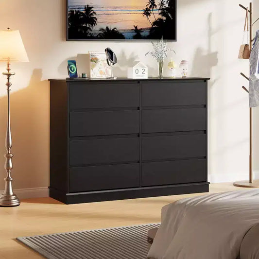 Commode double 8 tiroirs - Commode en bois à plateau large avec tiroirs profonds pour Chambre à coucher, Chambre d'enfant, Salon