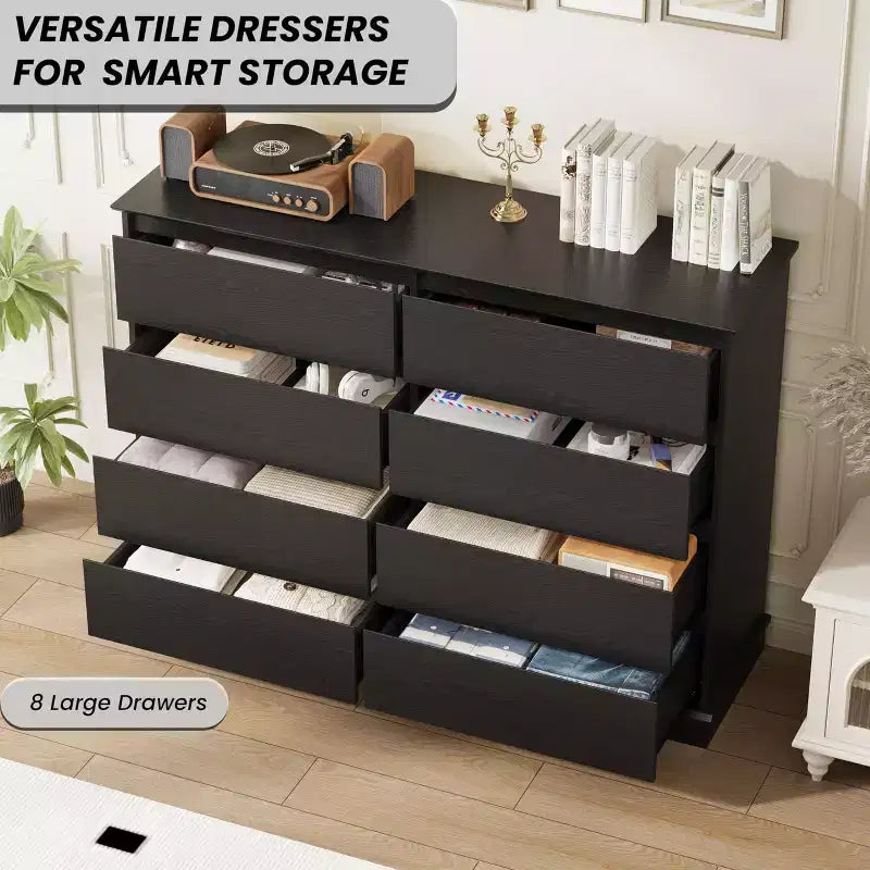 Commode double 8 tiroirs - Commode en bois à plateau large avec tiroirs profonds pour Chambre à coucher, Chambre d'enfant, Salon