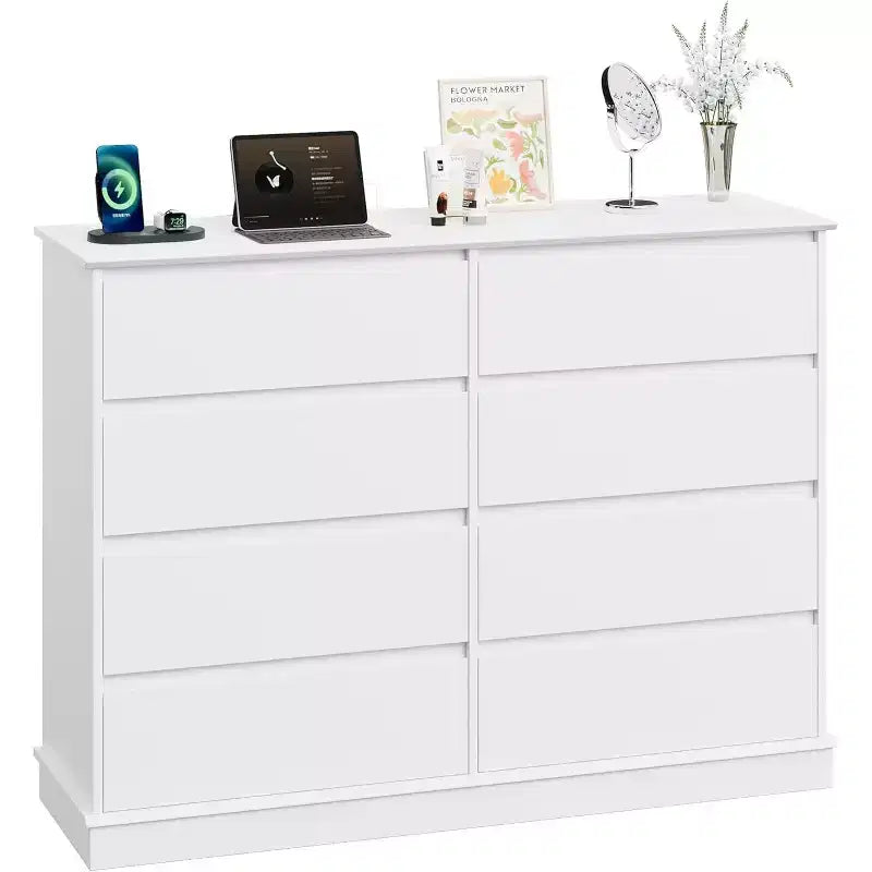 Commode double 8 tiroirs - Commode en bois à plateau large avec tiroirs profonds pour Chambre à coucher, Chambre d'enfant, Salon