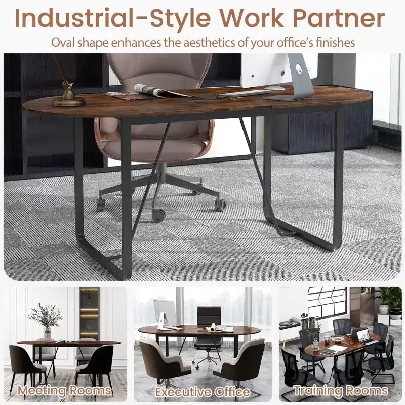 Table de direction de 180 cm, table de bureau ovale avec trou passe-câbles