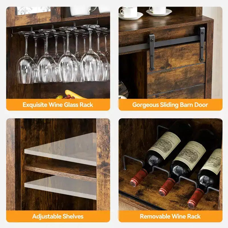 Bar à café de style rustique de 70 po de haut, meuble bar à vin avec portes coulissantes de style grange, étagères de rangement, casier à vin et vaisselier pour cuisine ou salle à manger