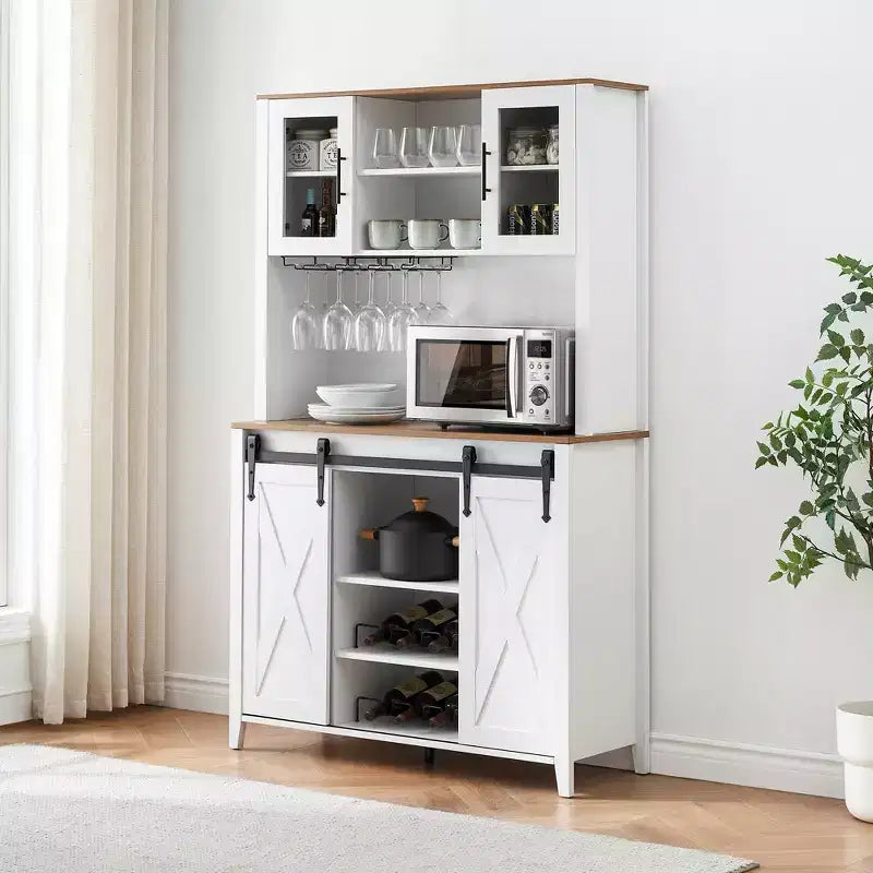 Bar à café de style rustique de 70 po de haut, meuble bar à vin avec portes coulissantes de style grange, étagères de rangement, casier à vin et vaisselier pour cuisine ou salle à manger