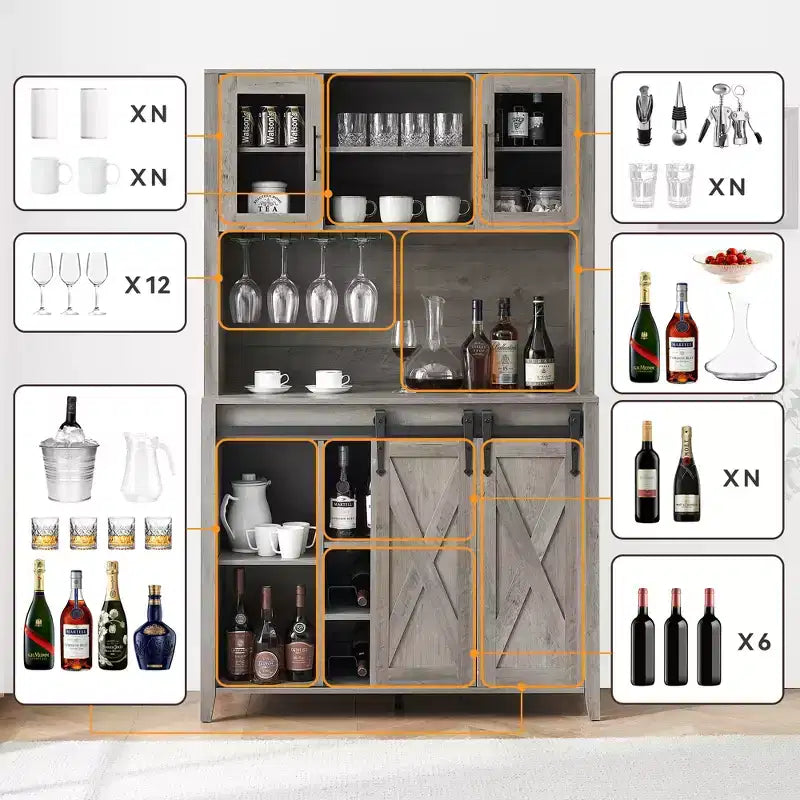 Bar à café de style rustique de 70 po de haut, meuble bar à vin avec portes coulissantes de style grange, étagères de rangement, casier à vin et vaisselier pour cuisine ou salle à manger