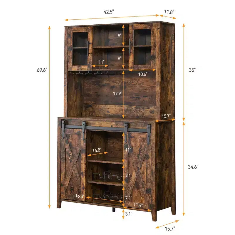 70'' Tall Farmhouse Coffee Bar Cabinet, Wine Bar Cabinet With Sliding Barn Doors, Storage Shelves, Wine Rack, And Hutch For Kitchen Or Dining Room
