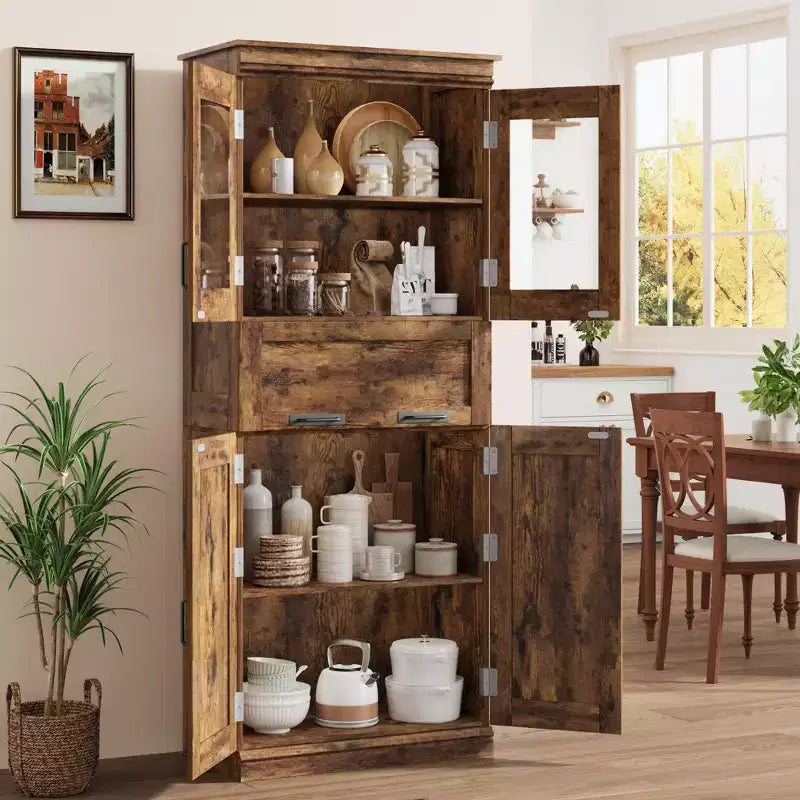 Meuble haut de 170 cm avec 4 portes et tiroir en verre basculant, Armoire de rangement avec étagères réglables, Organisateur autoportant pour cuisine, cellier, salon