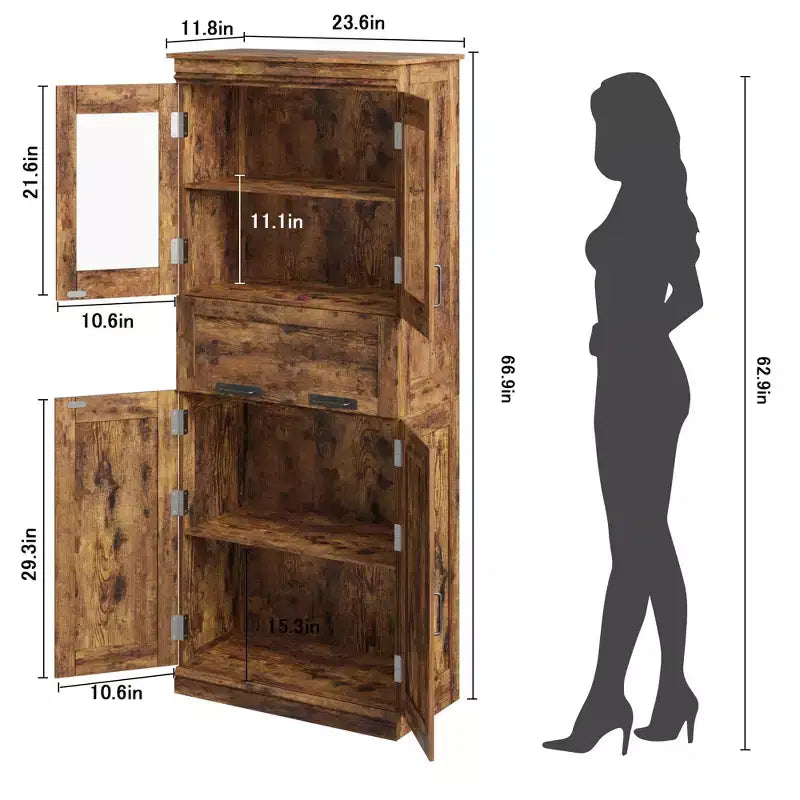Meuble haut de 170 cm avec 4 portes et tiroir en verre basculant, Armoire de rangement avec étagères réglables, Organisateur autoportant pour cuisine, cellier, salon