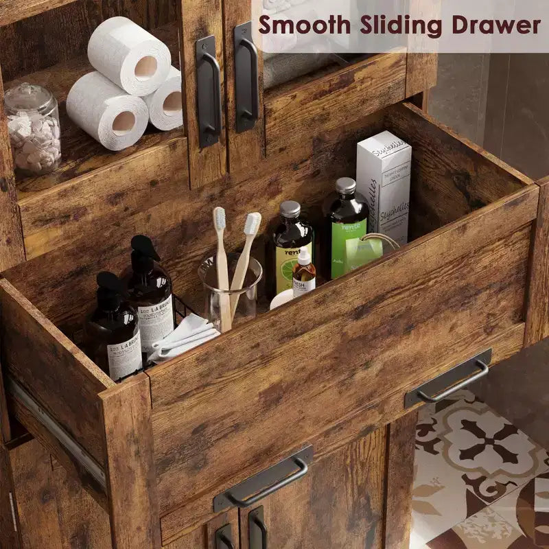 Meuble haut de 170 cm avec 4 portes et tiroir en verre basculant, Armoire de rangement avec étagères réglables, Organisateur autoportant pour cuisine, cellier, salon
