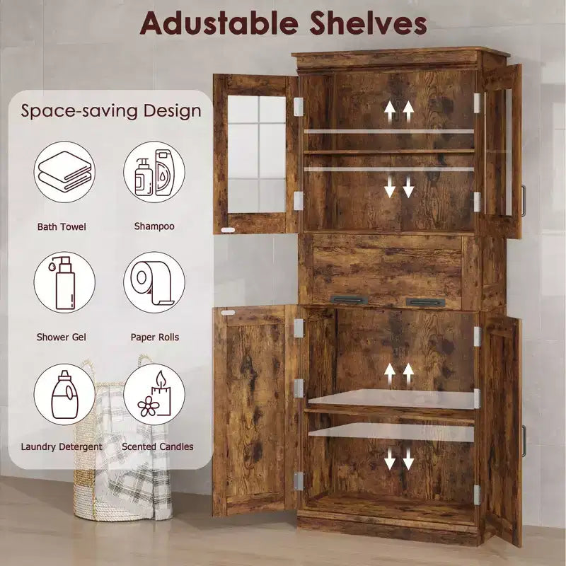 Meuble haut de 170 cm avec 4 portes et tiroir en verre basculant, Armoire de rangement avec étagères réglables, Organisateur autoportant pour cuisine, cellier, salon