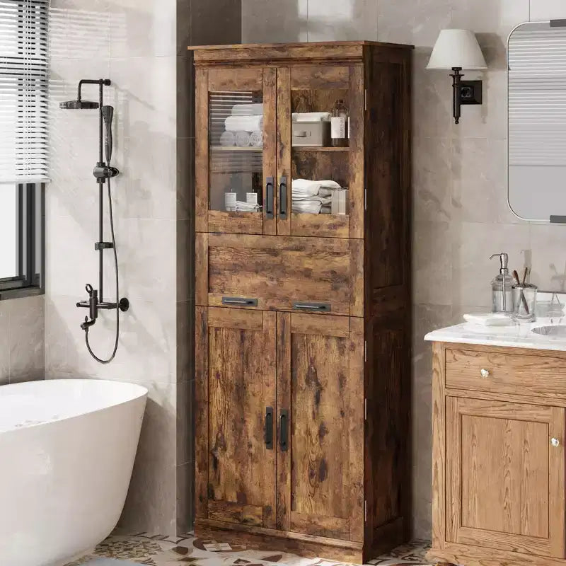 Meuble haut de 170 cm avec 4 portes et tiroir en verre basculant, Armoire de rangement avec étagères réglables, Organisateur autoportant pour cuisine, cellier, salon