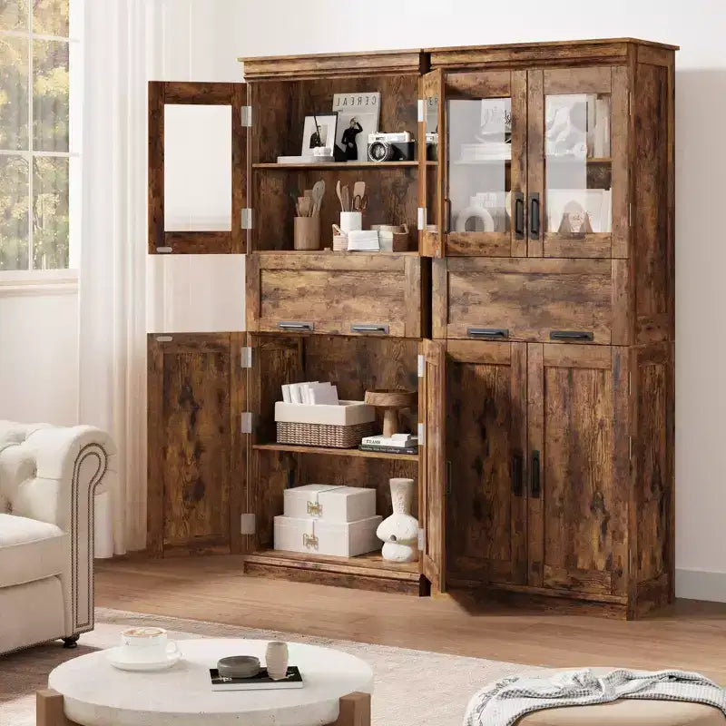 Meuble haut de 170 cm avec 4 portes et tiroir en verre basculant, Armoire de rangement avec étagères réglables, Organisateur autoportant pour cuisine, cellier, salon