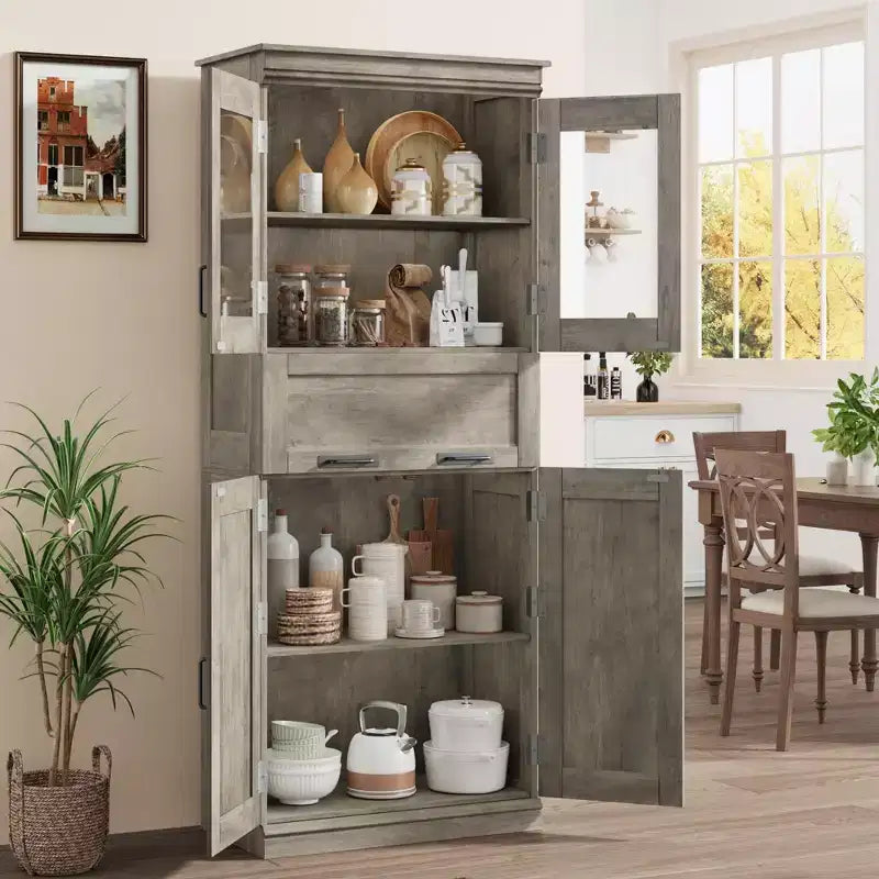 Meuble haut de 170 cm avec 4 portes et tiroir en verre basculant, Armoire de rangement avec étagères réglables, Organisateur autoportant pour cuisine, cellier, salon