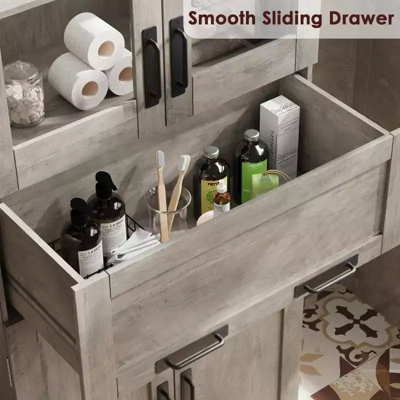 Meuble haut de 170 cm avec 4 portes et tiroir en verre basculant, Armoire de rangement avec étagères réglables, Organisateur autoportant pour cuisine, cellier, salon