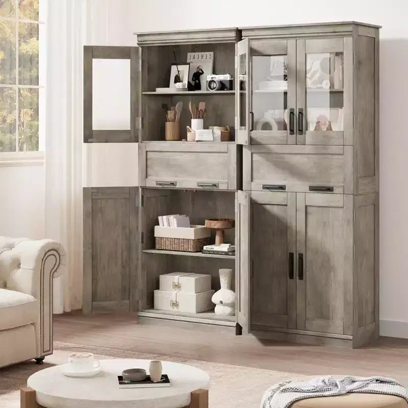 Meuble haut de 170 cm avec 4 portes et tiroir en verre basculant, Armoire de rangement avec étagères réglables, Organisateur autoportant pour cuisine, cellier, salon