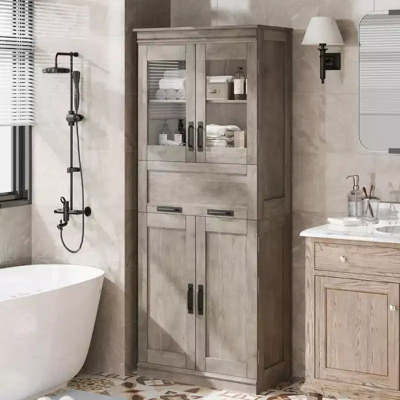 Meuble haut de 170 cm avec 4 portes et tiroir en verre basculant, Armoire de rangement avec étagères réglables, Organisateur autoportant pour cuisine, cellier, salon
