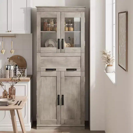 67 Inch Tall Cabinet with 4 Doors & Flip Glass Drawer, Storage Cabinet with Adjustable Shelves, Freestanding Organizer for Kitchen Pantry Living Room